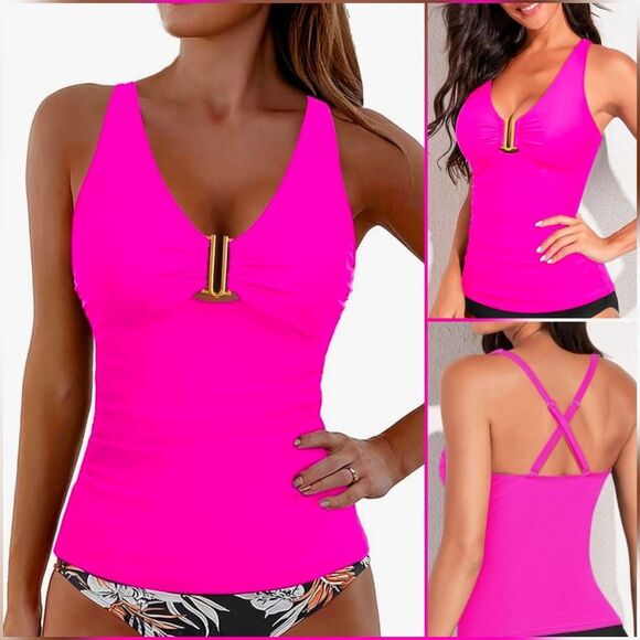 ⏭️NWT Neon Pink & Gold U-Buckle Adjustable Tankini Swim Top Medium - Picture 2 of 13